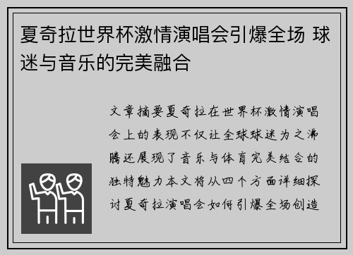 夏奇拉世界杯激情演唱会引爆全场 球迷与音乐的完美融合