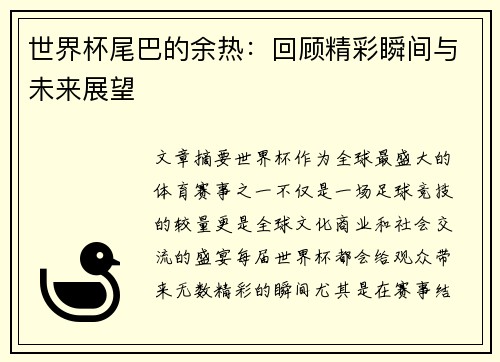 世界杯尾巴的余热：回顾精彩瞬间与未来展望