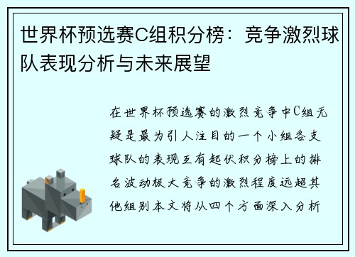 世界杯预选赛C组积分榜：竞争激烈球队表现分析与未来展望