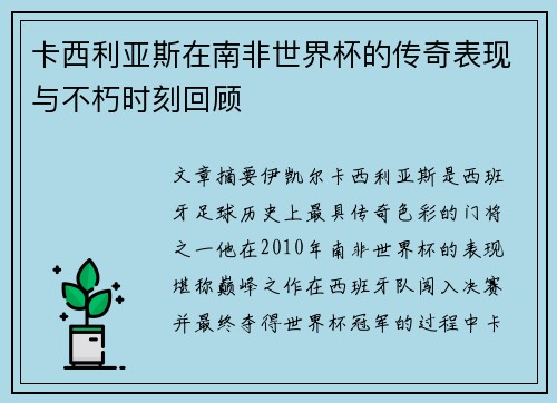 卡西利亚斯在南非世界杯的传奇表现与不朽时刻回顾